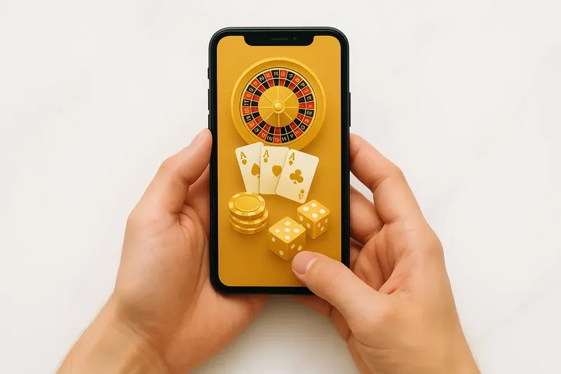 Close-up of hands holding smartphone with casino app on marble surface