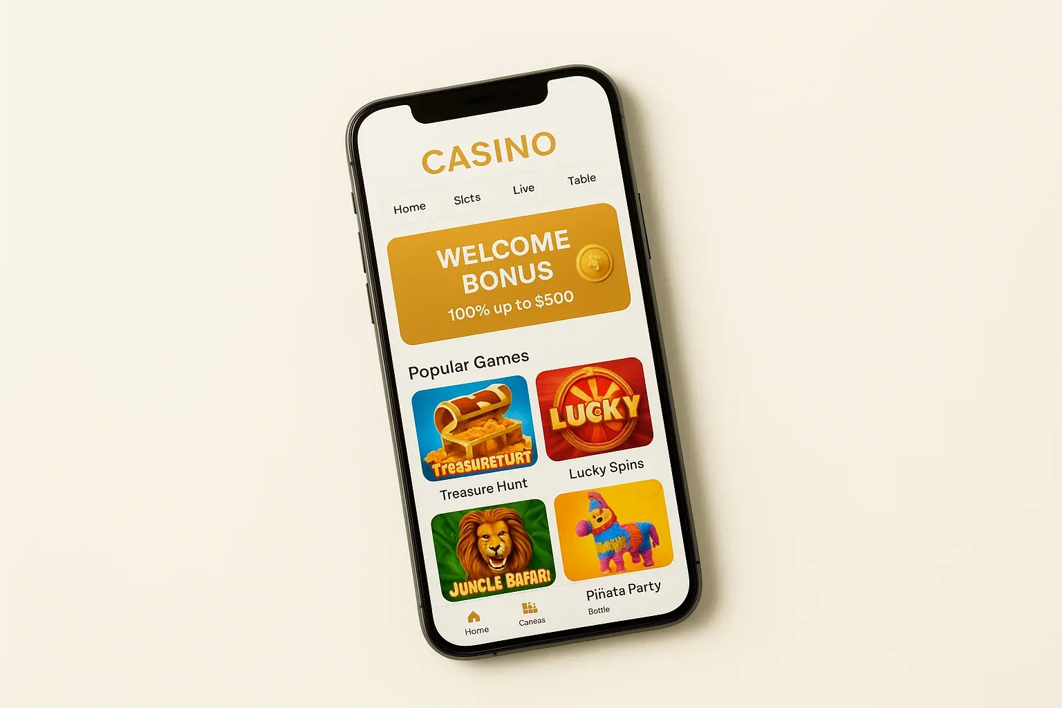 Smartphone angled on cream background showing light casino game interface