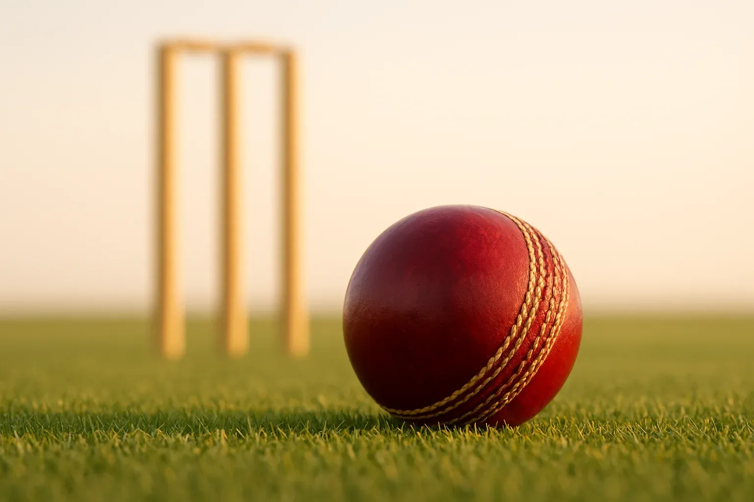 Red cricket ball on mown grass with stumps at dusk
