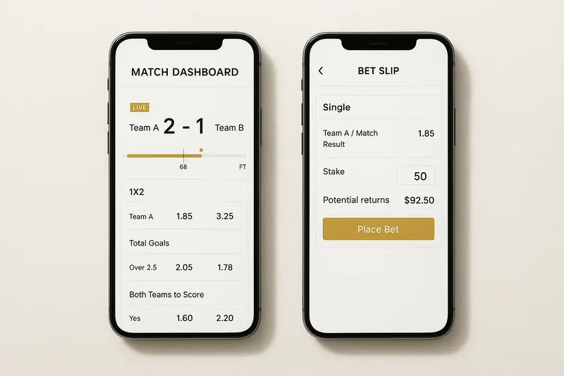 Two smartphones showing match dashboard and bet slip on cream surface