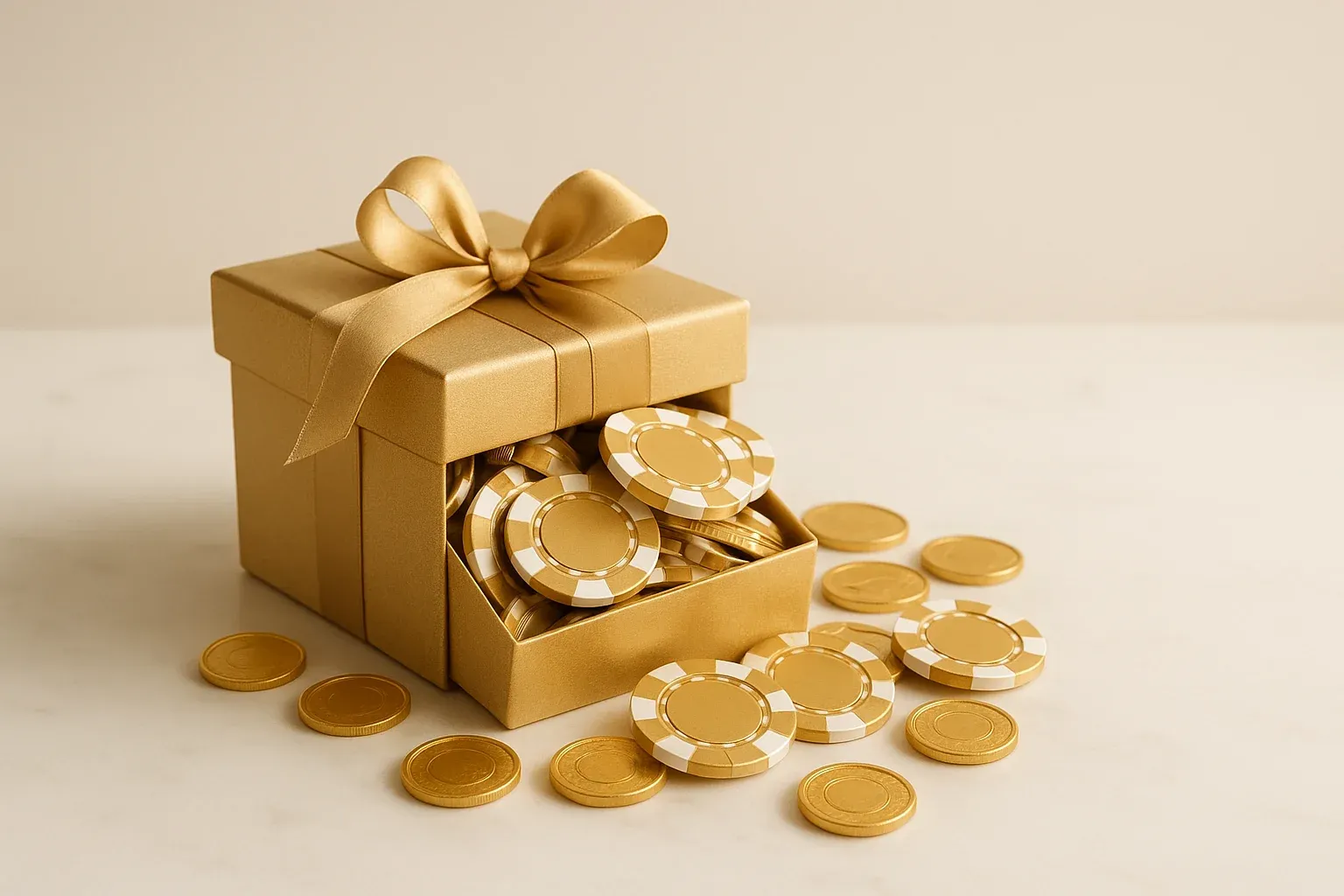 Golden gift box overflowing with poker chips and gold coins