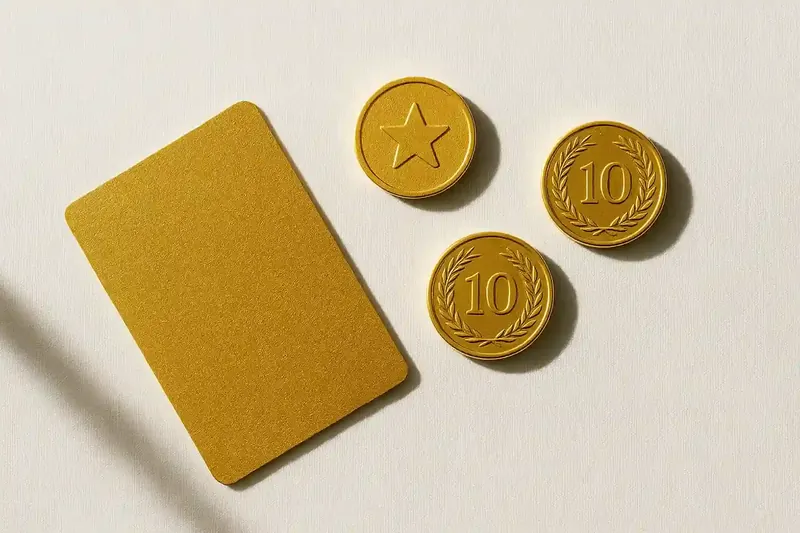 Loyalty card, bonus token and three gold coins on white linen