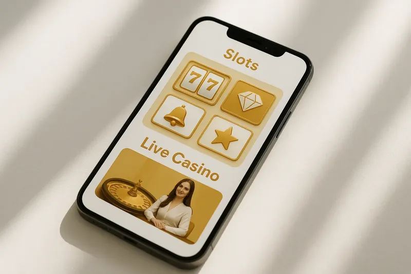 Mobile phone displaying casino app with slots and live casino games