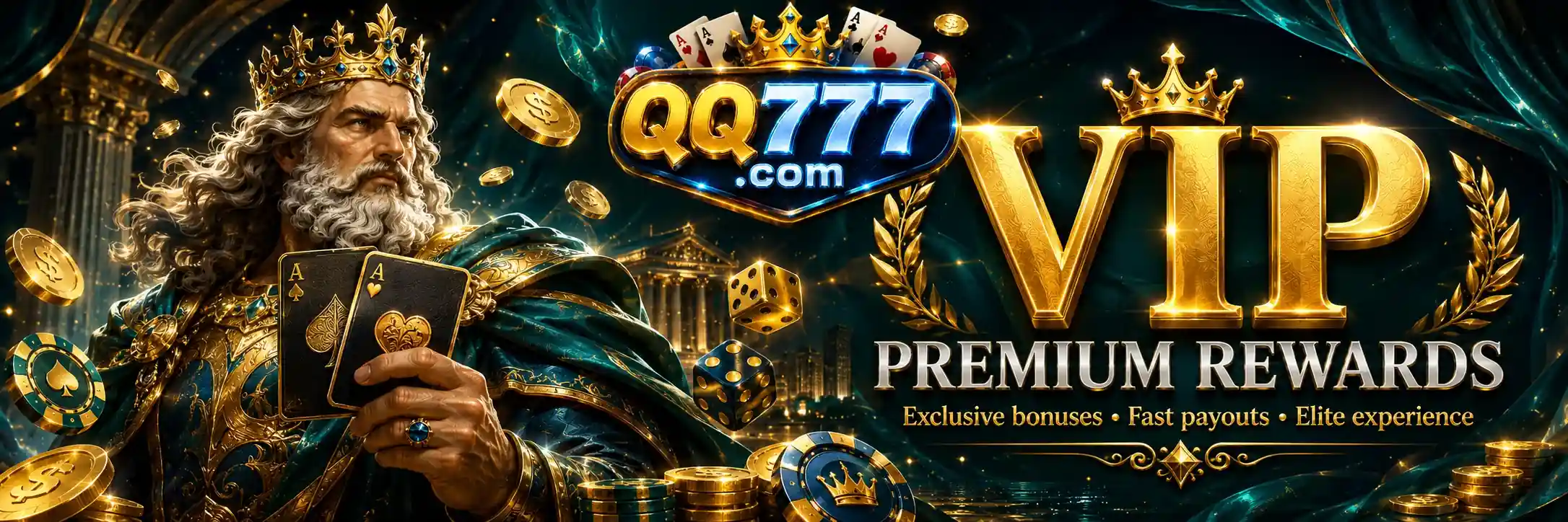 King with playing cards and golden coins casino promotion banner