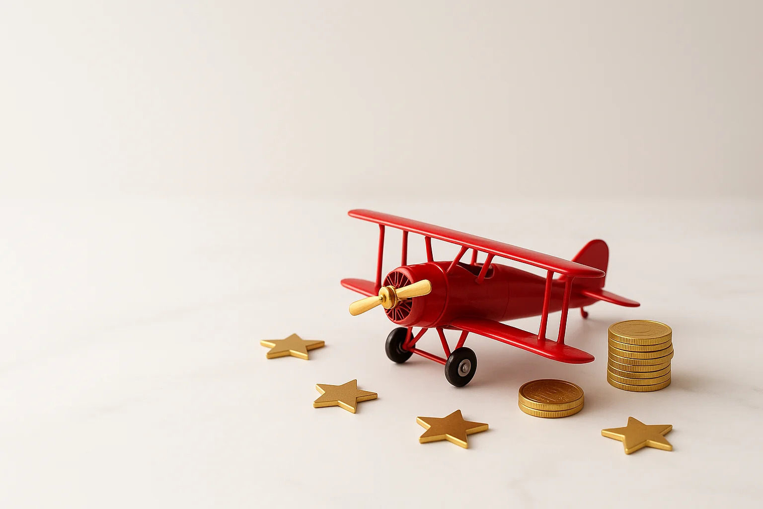 Miniature red airplane with gold coins and star tokens on marble