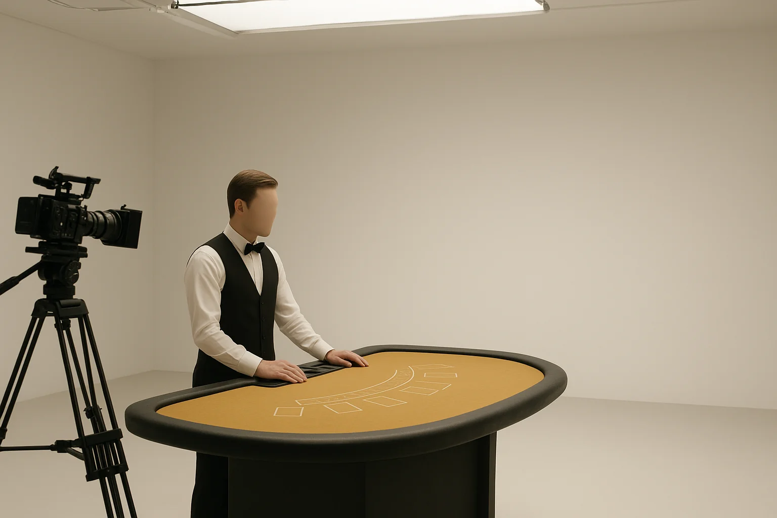 Professional blackjack dealer in live casino studio with camera rig