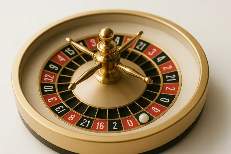 Close-up overhead of roulette wheel center with gold accents