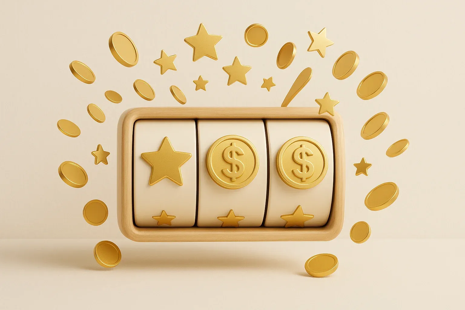 Colorful casino slot reels with gold symbols, coins, and exploding stars